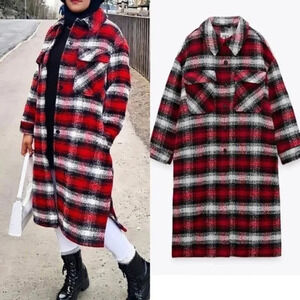 Zara Plaid Overshirt Longline Shacket Jacket Coat NWT Red White  Size Medium